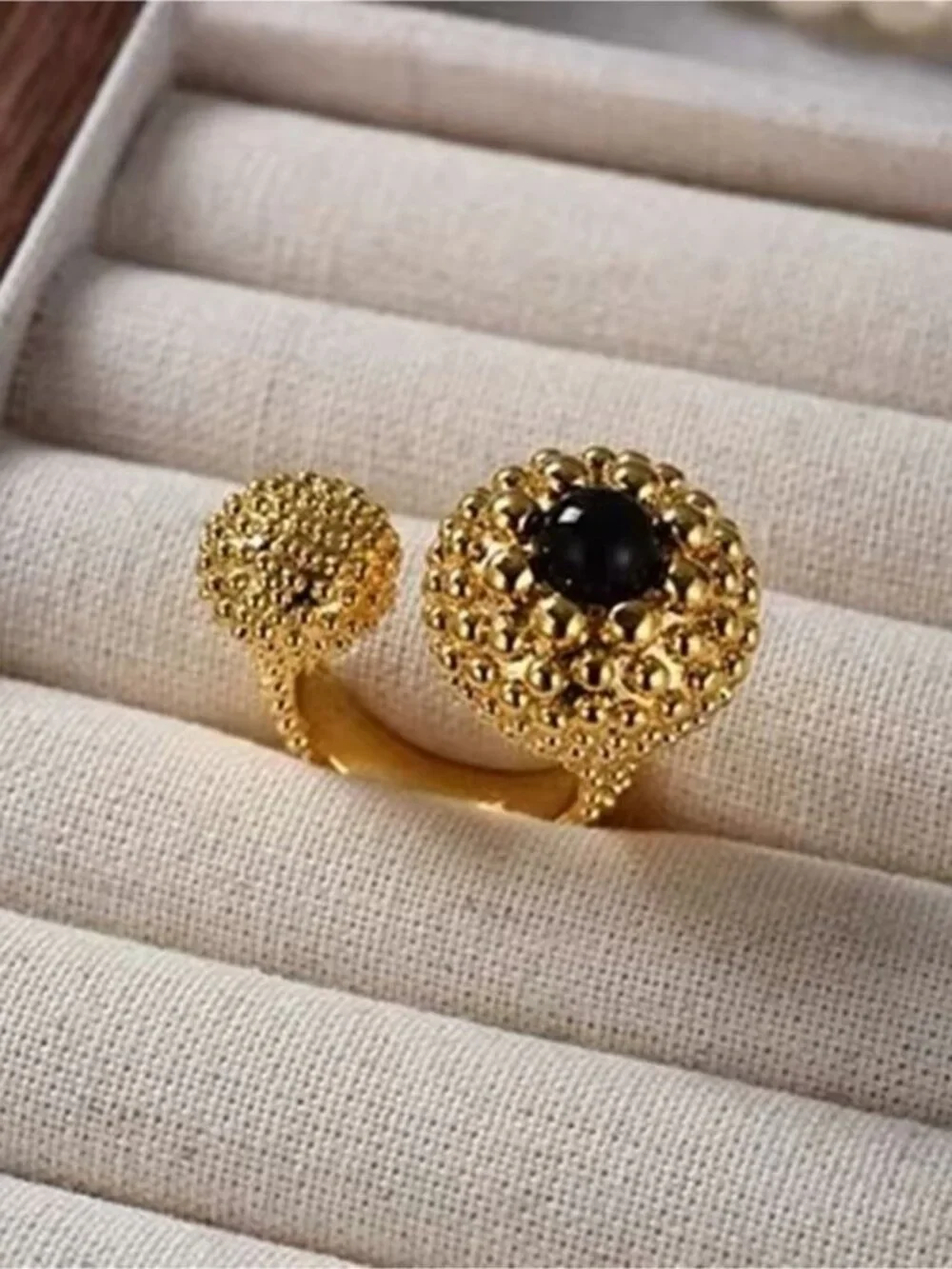 Gold tone Open Beaded Ring with Black Accent - Women's Jewelry